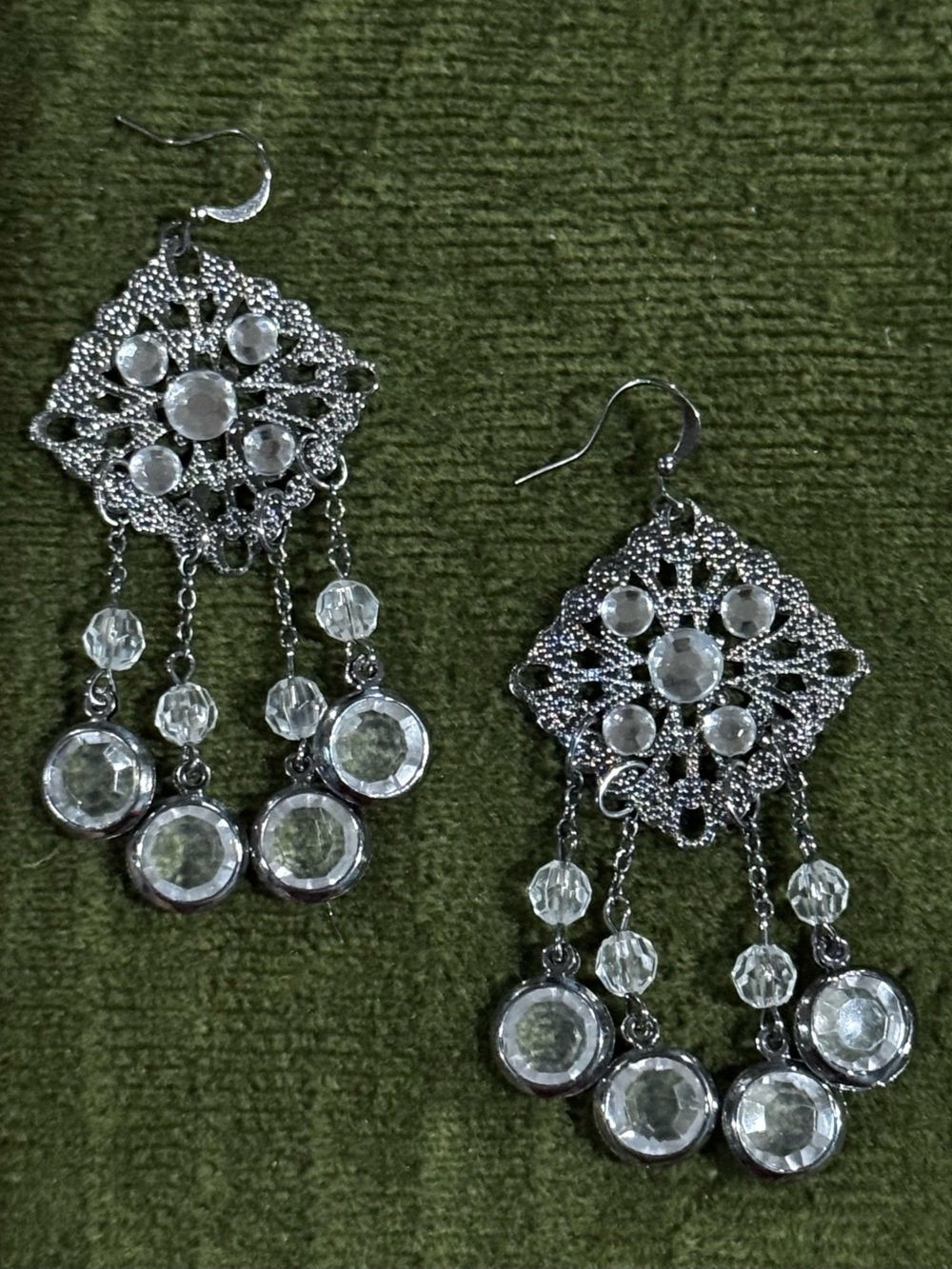 Earrings Vintage Y2K Gunmetal Grey Crystal Filigree Chandelier